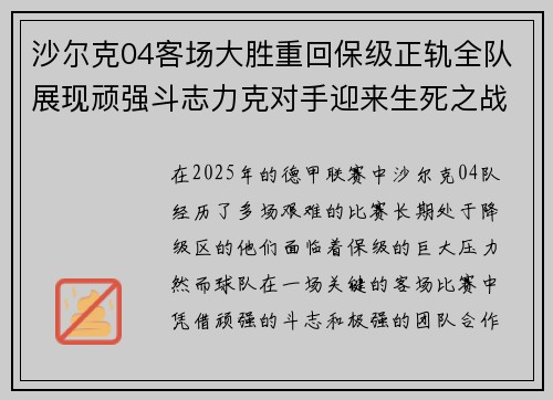 沙尔克04客场大胜重回保级正轨全队展现顽强斗志力克对手迎来生死之战转机